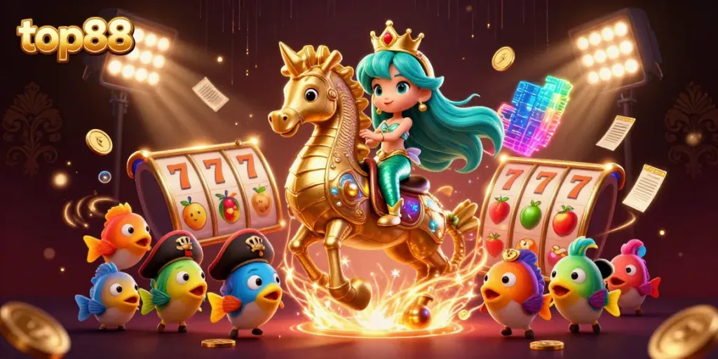Top88's vibrant casino scene with a mermaid princess, seahorse, and dazzling slot elements.
