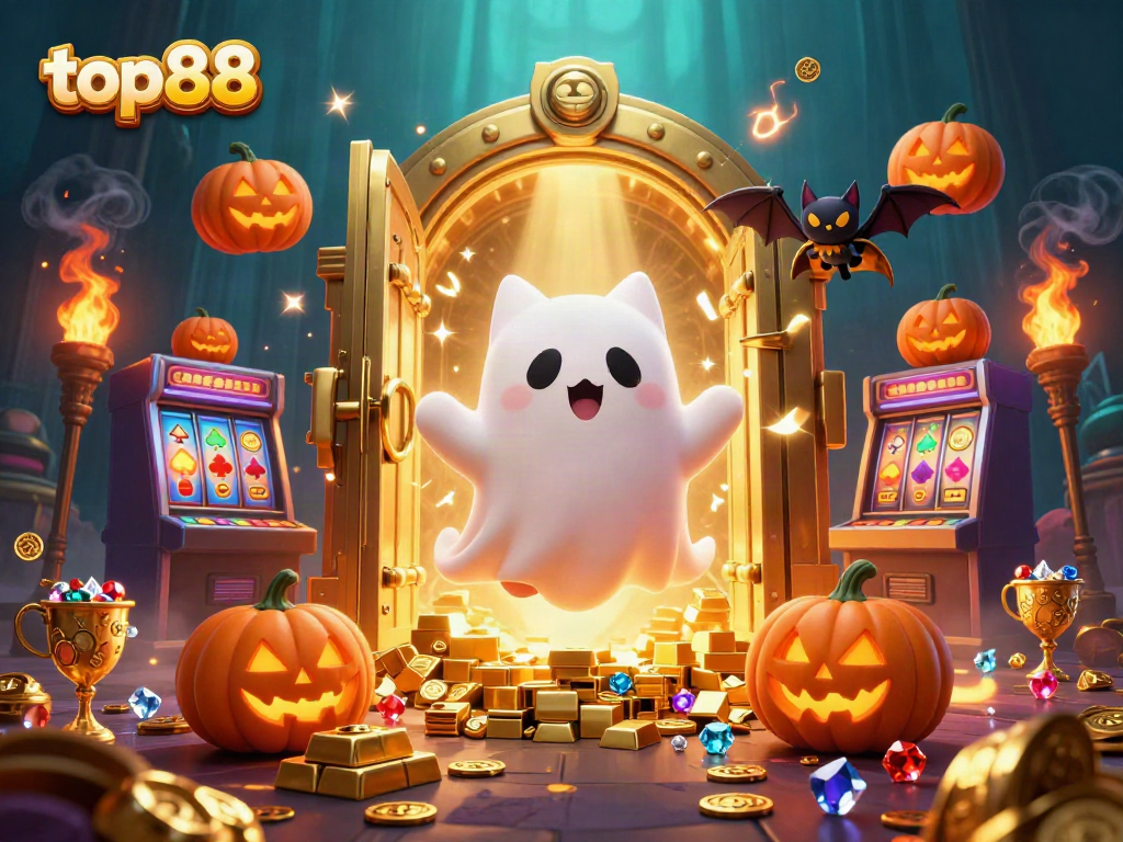 Experience top88 thrills with a ghost cat and vampire bat in a glowing casino scene.