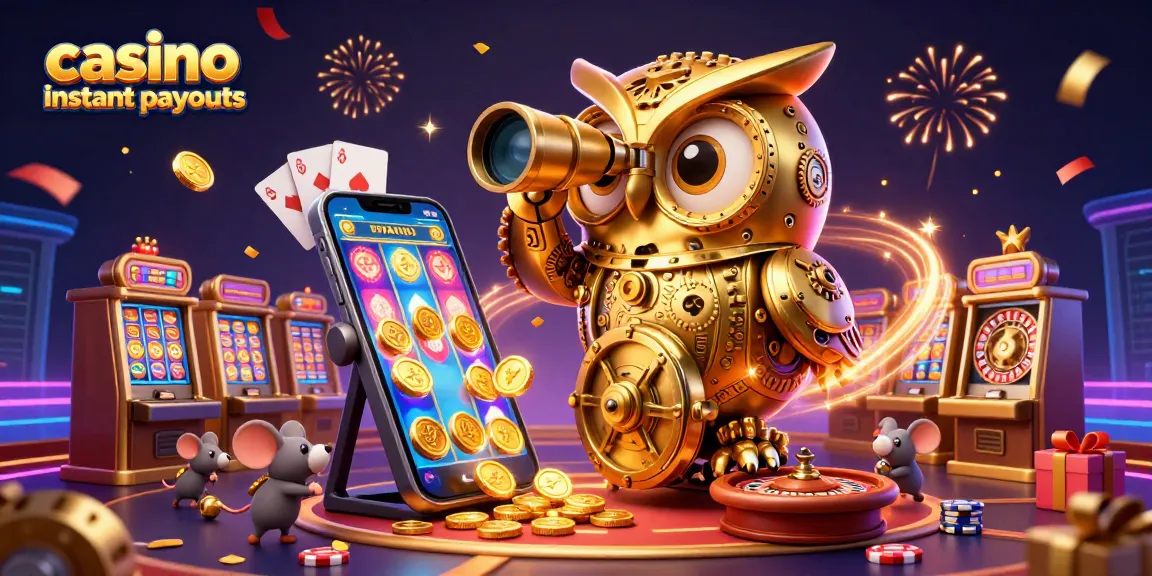 Experience thrilling casino instant payouts with a vibrant illustration of animated casino elements and energetic characters.
