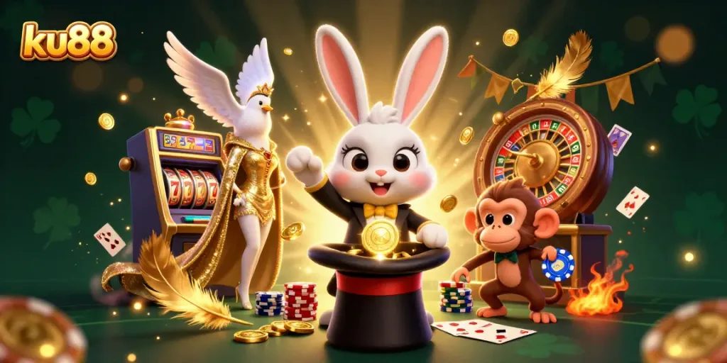 Experience the thrill of ku88 with a 3D magician rabbit and lively casino elements in a vibrant scene.