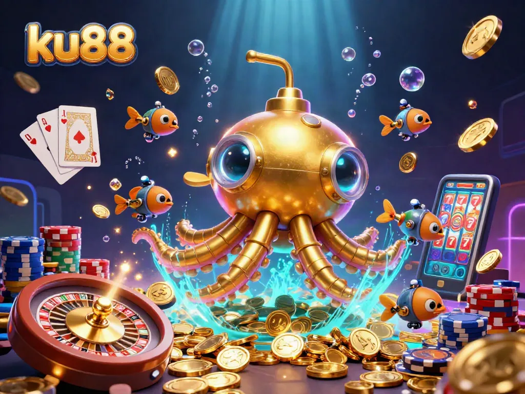 ku88 players enjoy an exciting 3D illustration of winning at casino games with golden coins and dynamic elements.