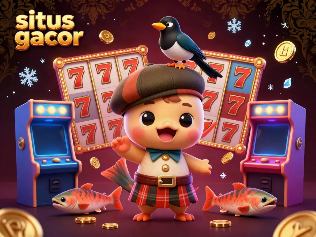 Situs gacor themed illustration showcasing baby Nessie, a magpie, and salmon in a colorful casino setting.