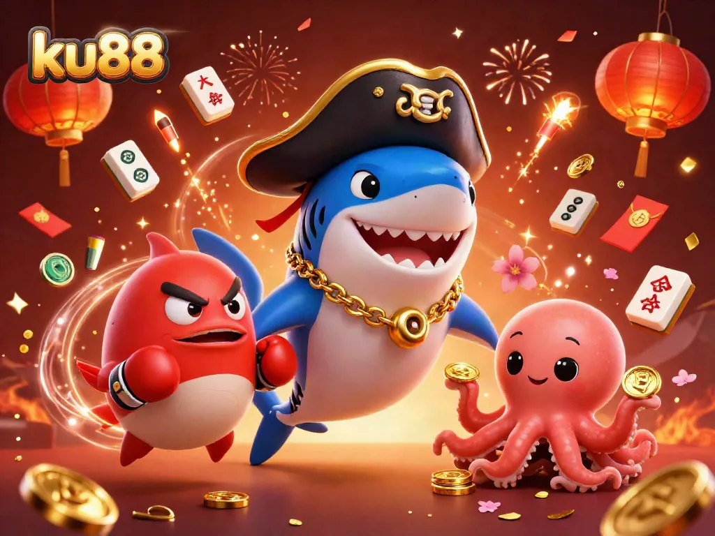 Experience thrilling gaming adventures with ku88's pirate shark, pufferfish, and octopus in a vibrant 3D casino scene.