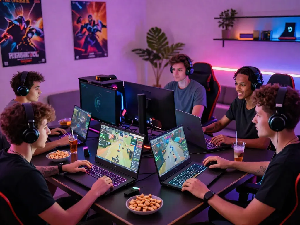 Friends enjoying rokok88 link gaming session with vibrant setup