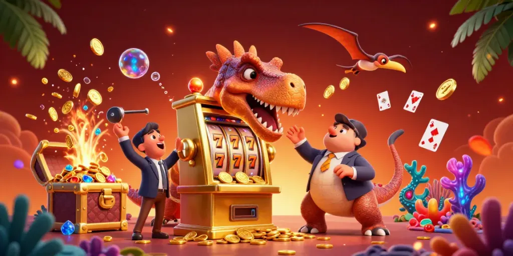 Fabet entertains players with a dynamic illustration of a dinosaur winning jackpot coins at a slot machine.