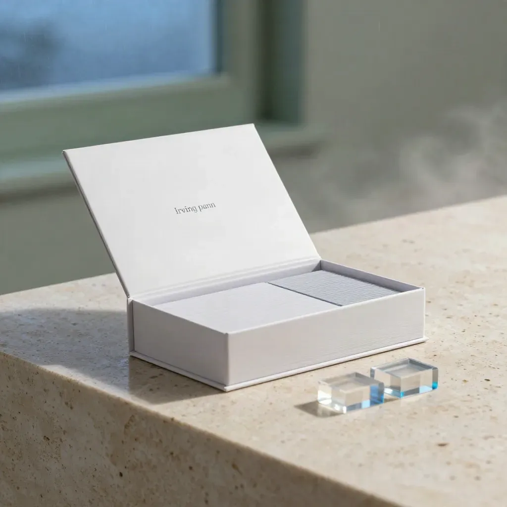 Opened white prompt deck box with fanned cards, divider tray and translucent blocks on misty travertine.