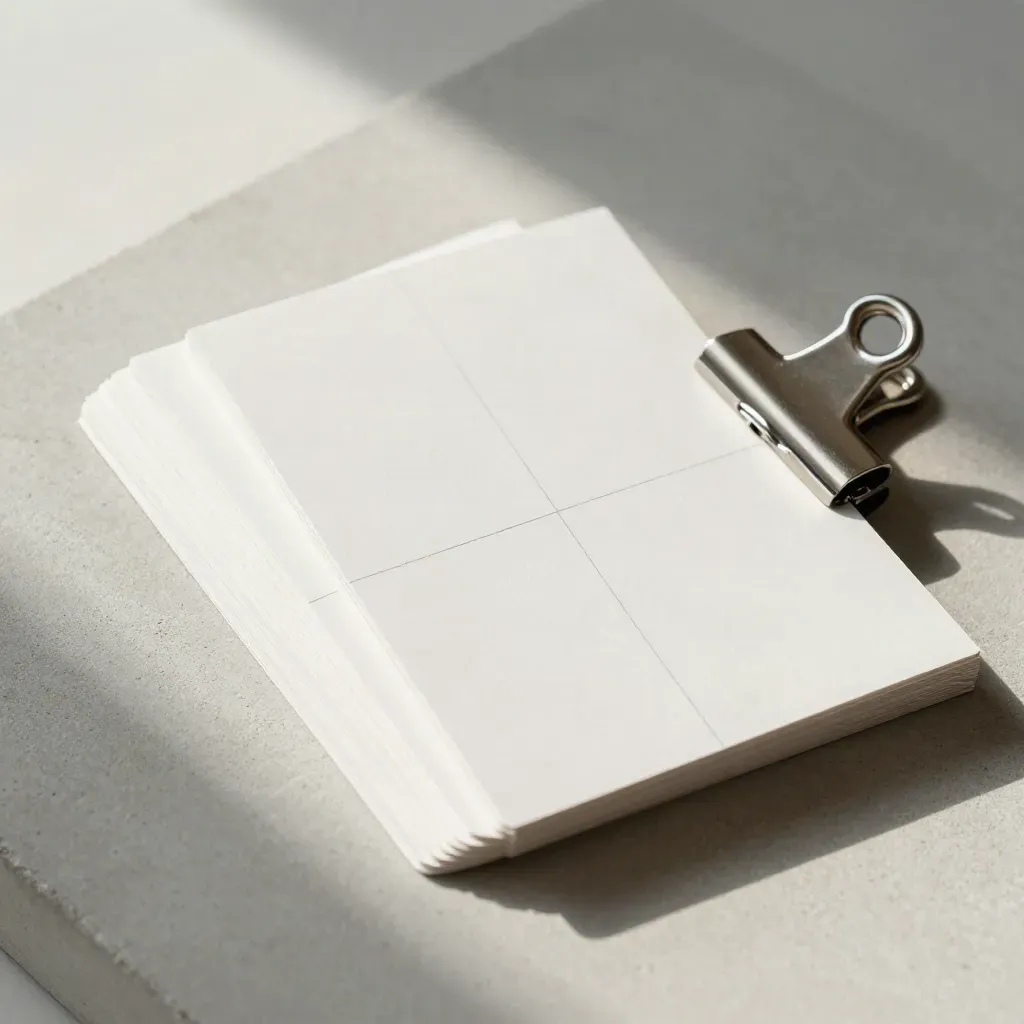 Overhead flatlay of cards, folded sheet and metal clip on pale concrete
