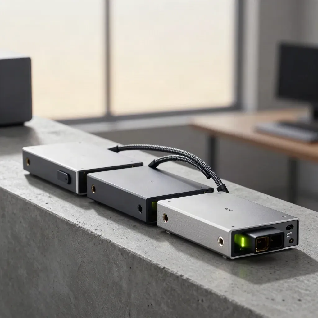 Three automation modules and cable loop on concrete with soft window light and lime glow.