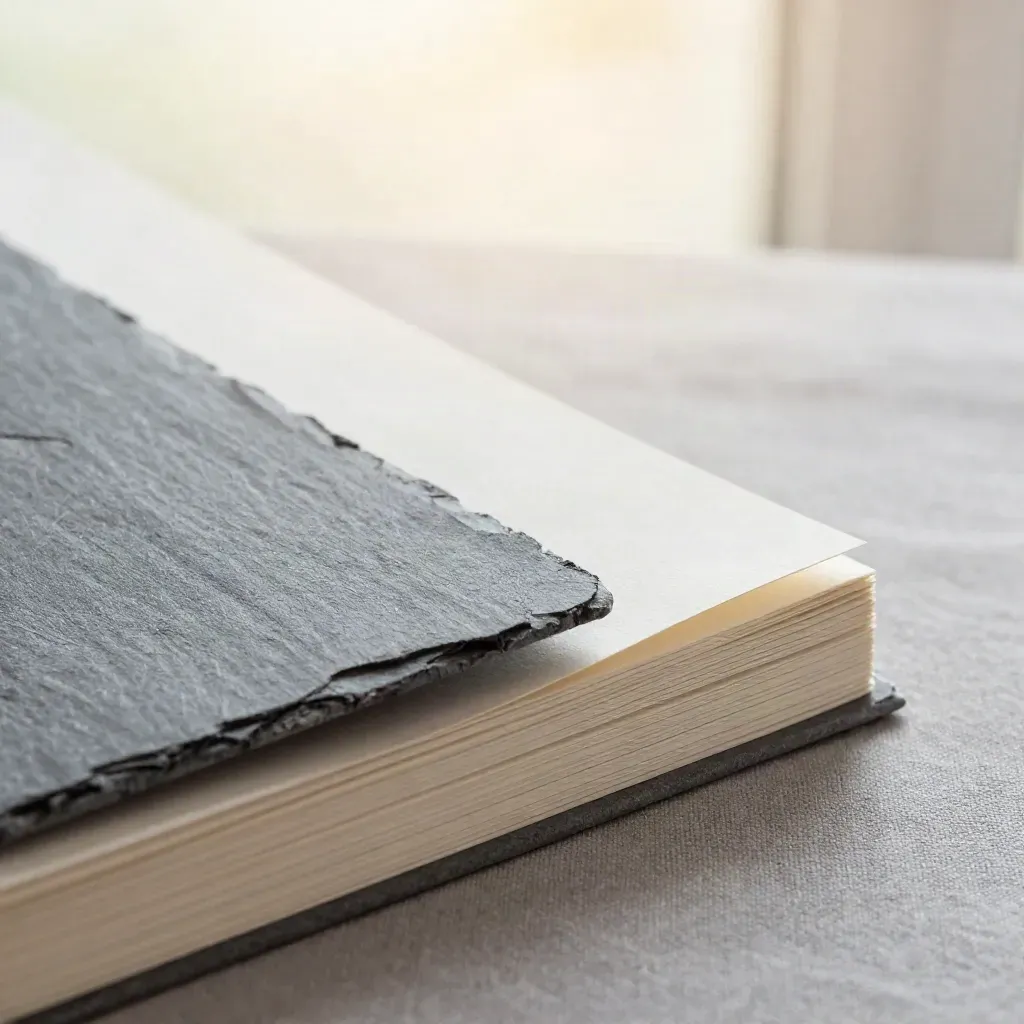 Macro flatlay of a content-kit deck with slate tabs and a folded sleeve on ash-grey linen.