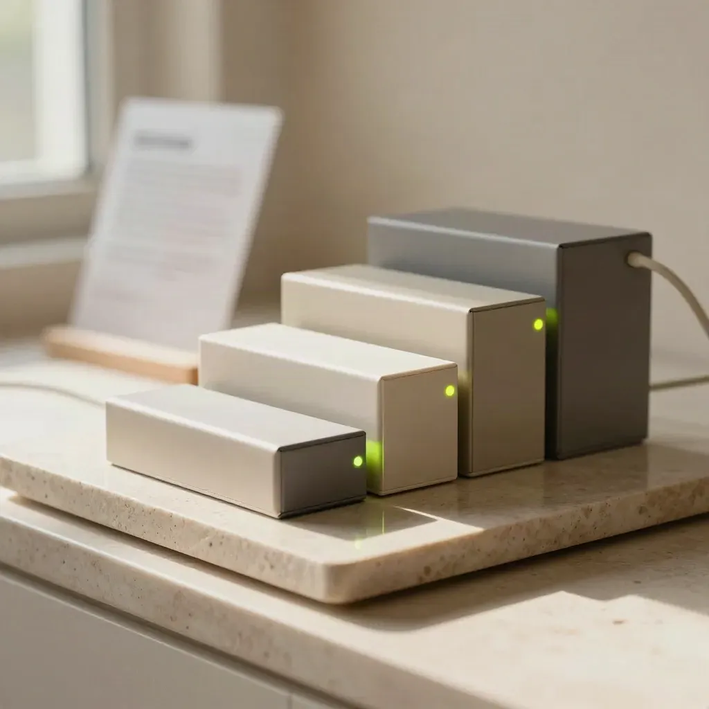 Slim AI workflow modules on a stone tray with a curved cable in soft window light.