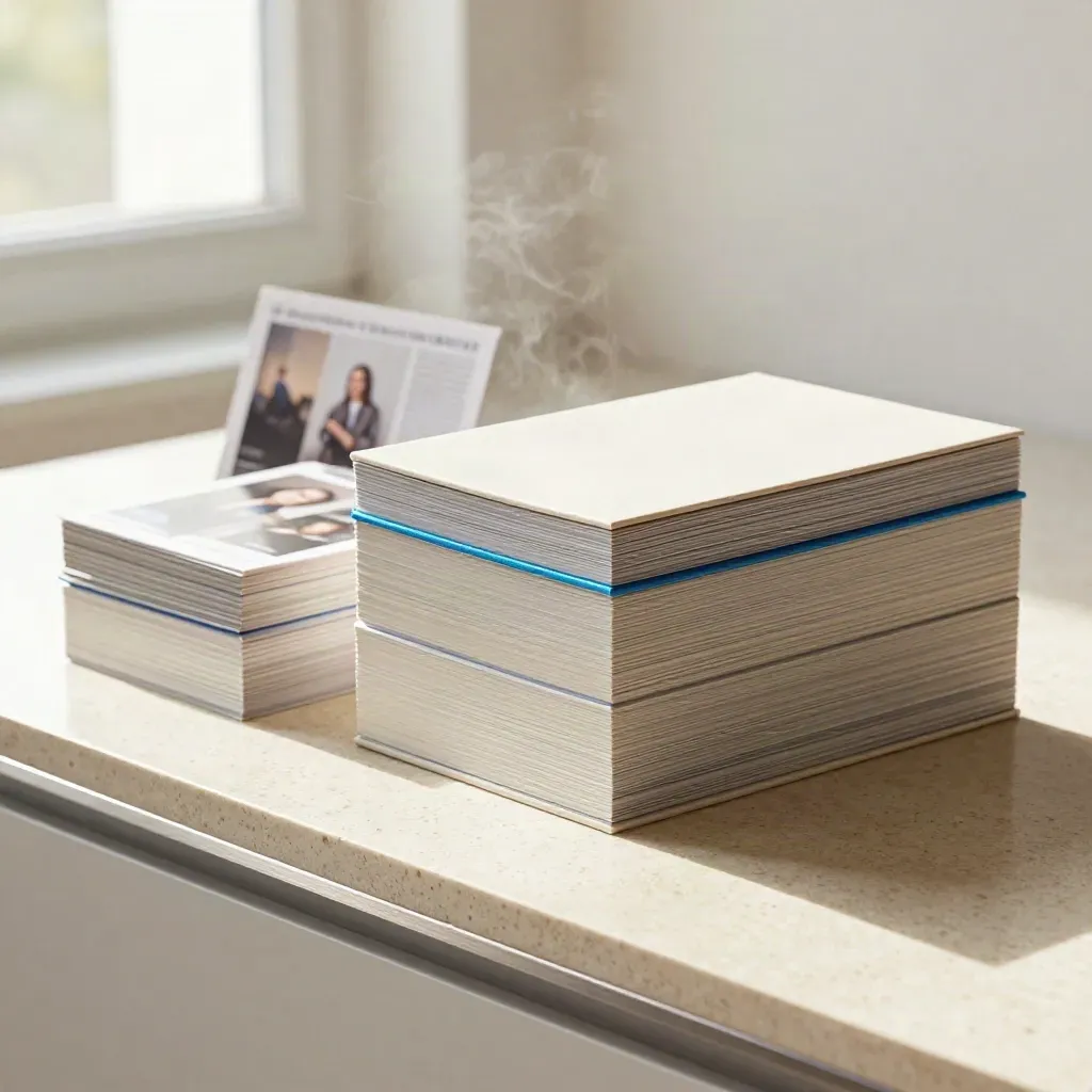 Prompt library box with tab dividers and card stacks on travertine, lit like a premium studio ad.