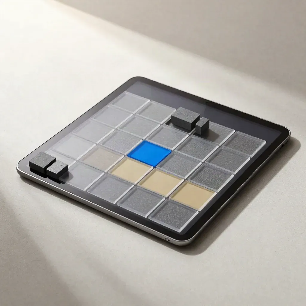 Overhead dashboard kit with translucent tiles, black tablet and blue-accent blocks on pale concrete.