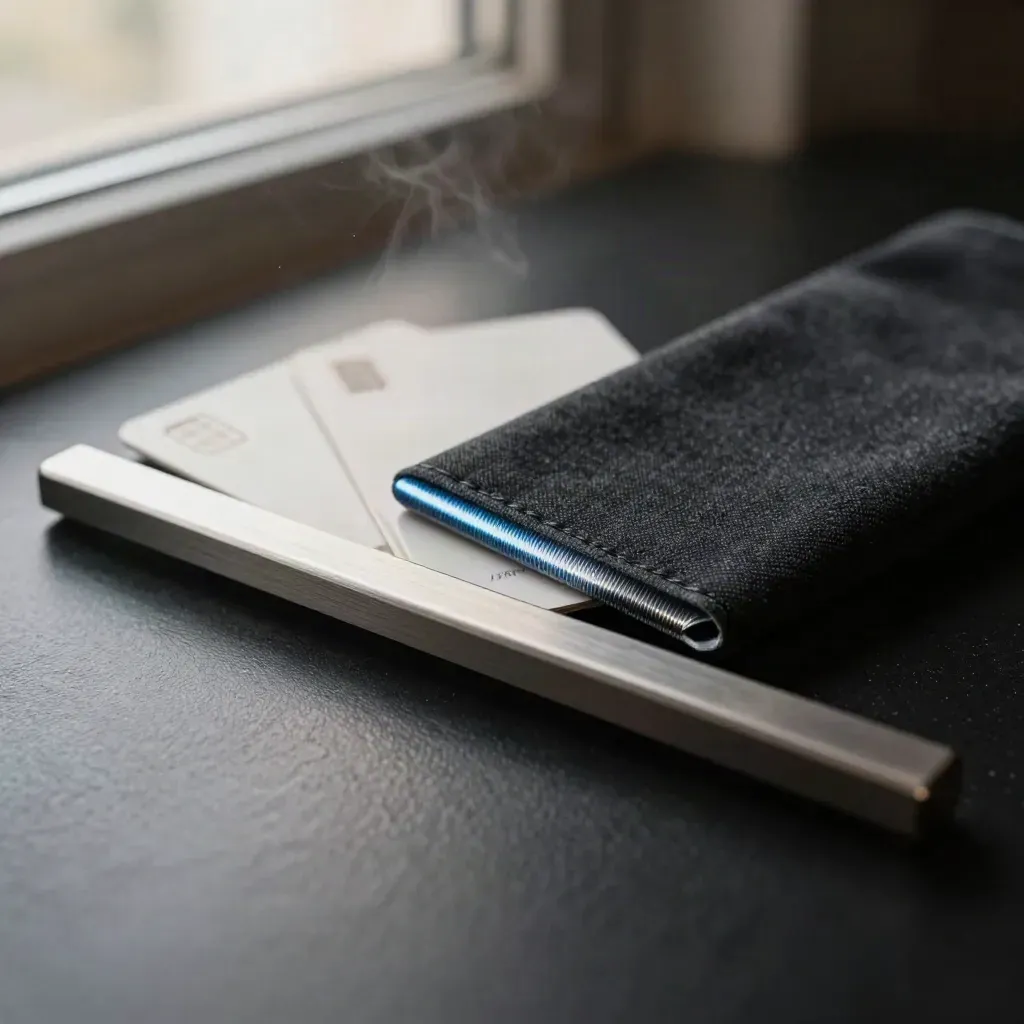 Dark macro pack sleeve with chip cards and metal bar on black surface, lit dramatically.