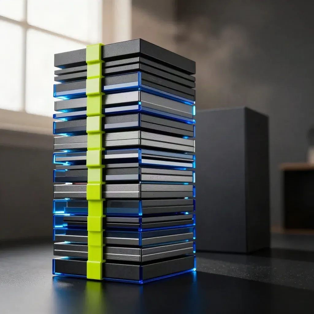 Unbranded blue-and-lime bundle tower on a dark studio surface with dramatic rim light.