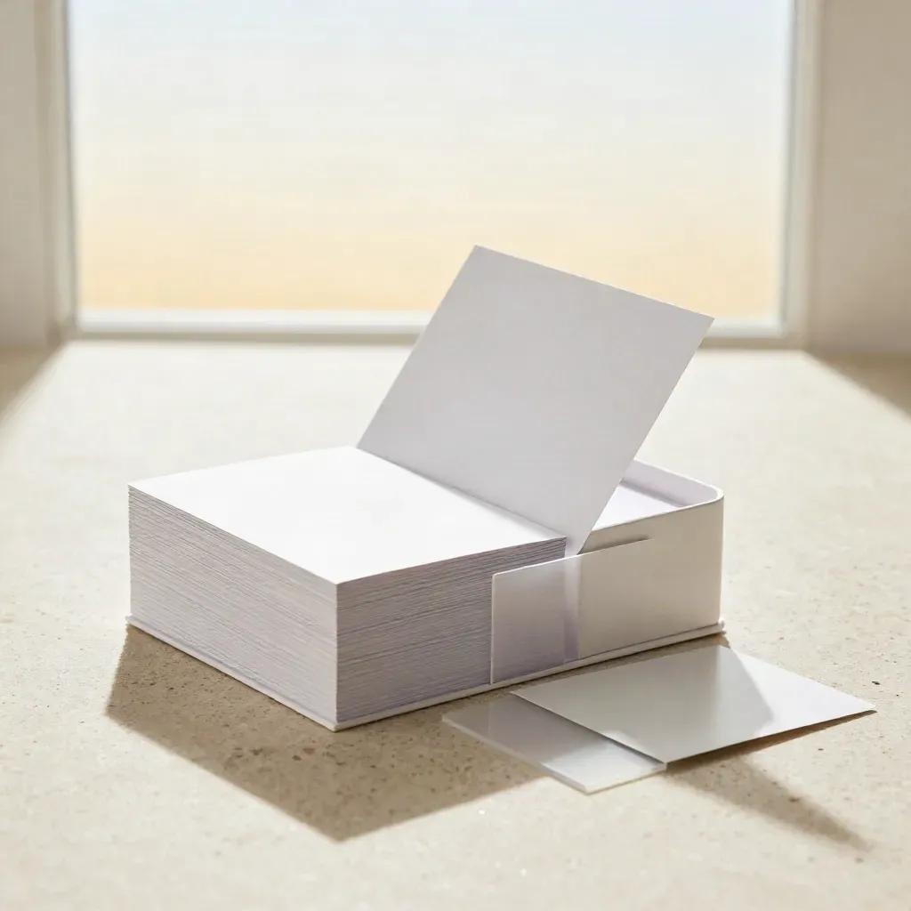 Matte caption kit box with lifted cardlets on travertine in a clean studio hero shot.