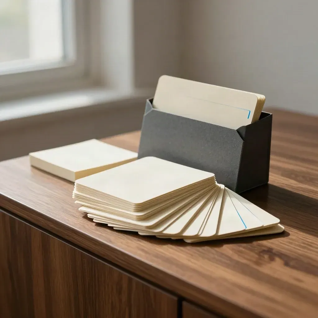 Graphite email opener pack fanned open on a walnut credenza, lit by soft window light.