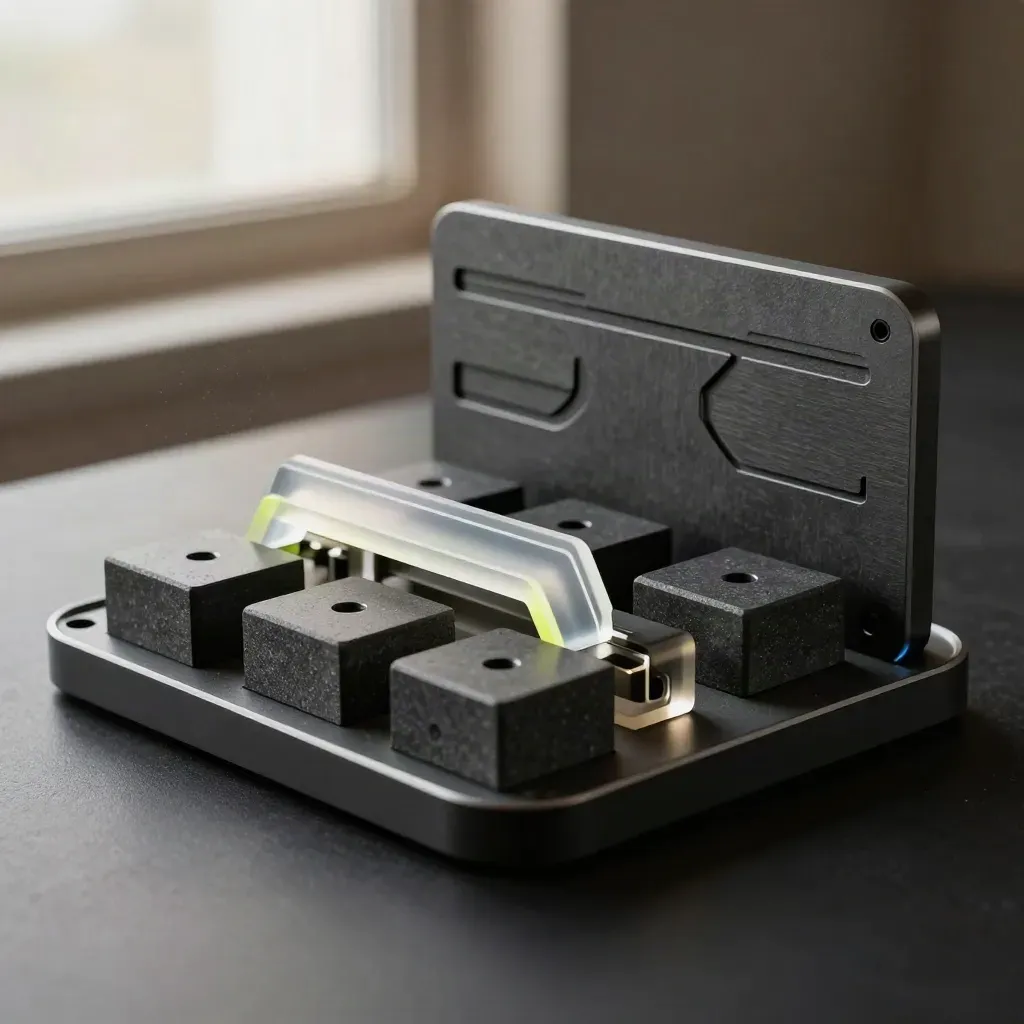 Dark modular AI onboarding kit with a bridge piece snapping into place on a black tray.