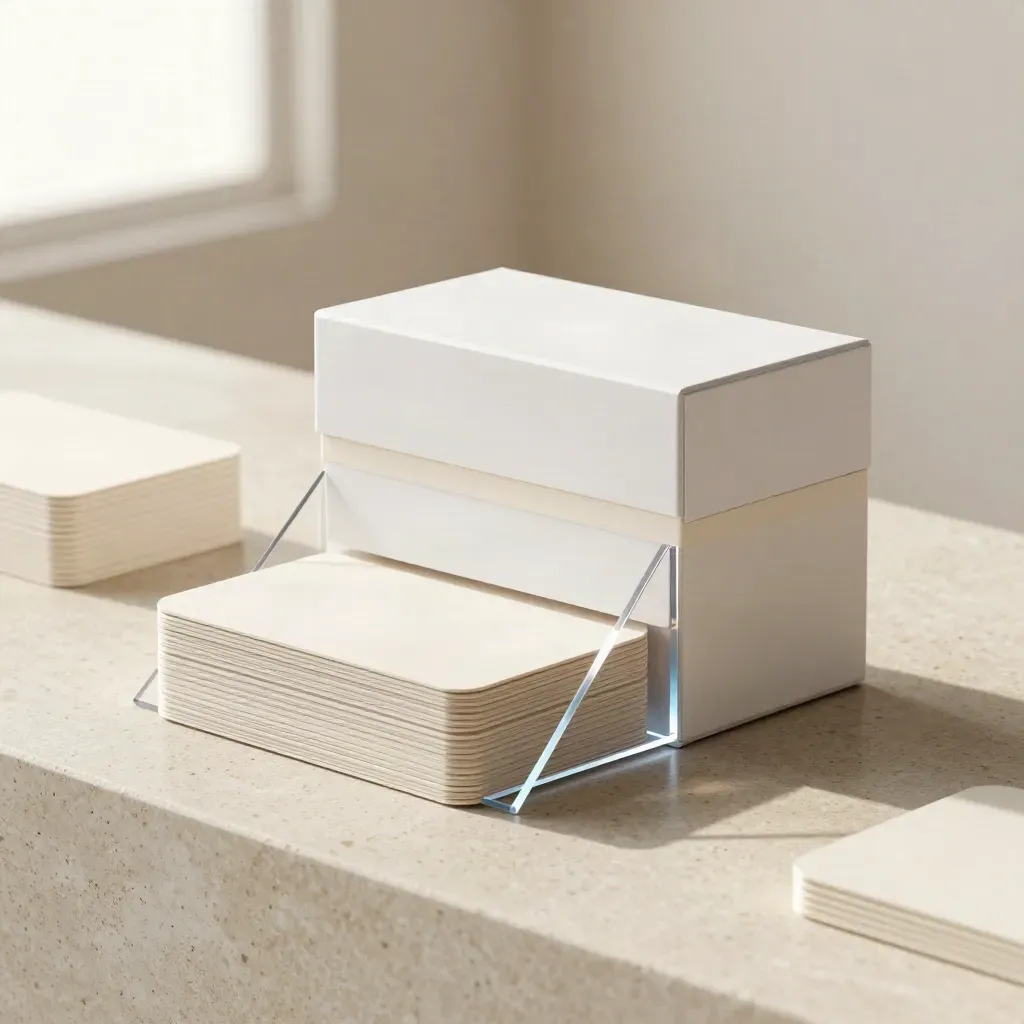 White chatbot kit box with acrylic wedge and card stacks on travertine, softly lit