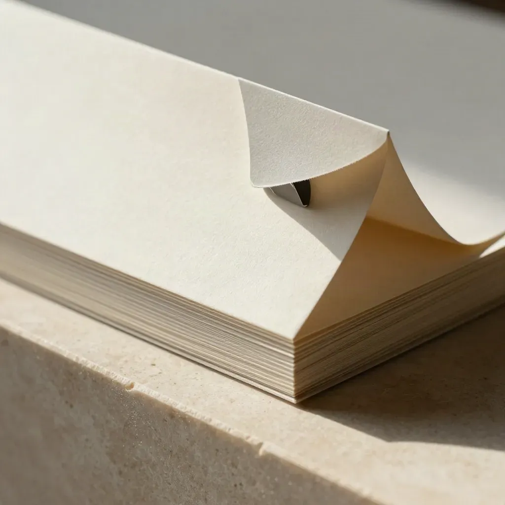 Macro of matte paper sleeves, graphite clip, and folded insert on pale limestone.