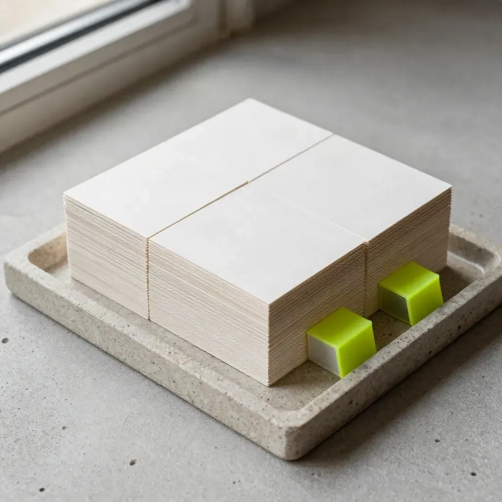 Overhead flatlay of tabbed prompt cards in a pale tray with two divider blocks on concrete.