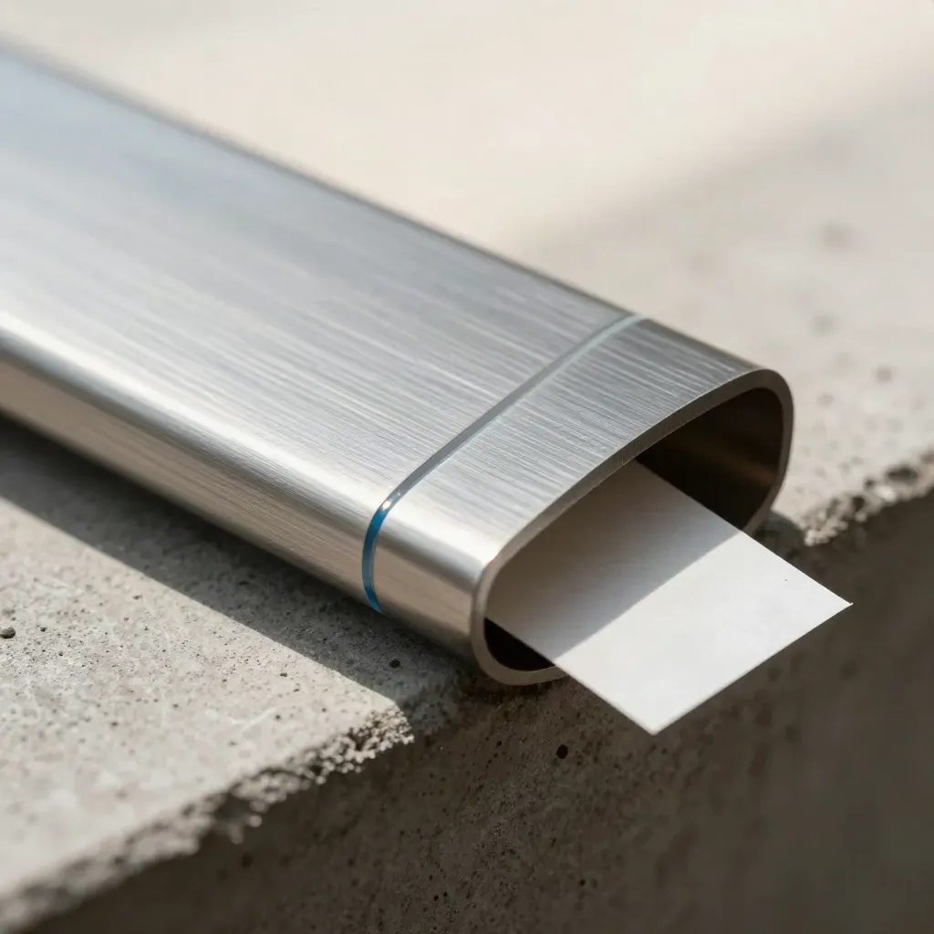 Macro brushed metal CSV cleanup tool sleeve with paper strip and pale block on concrete.