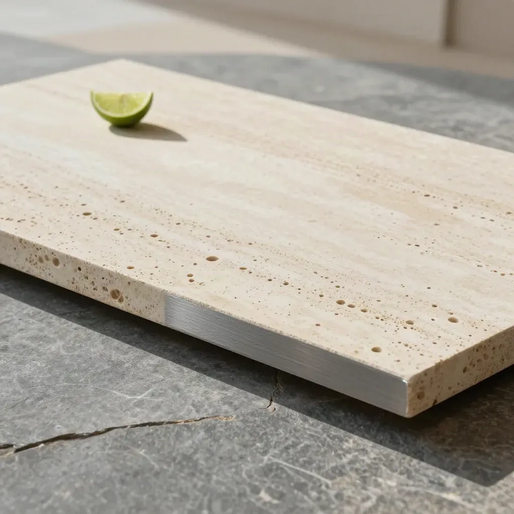 Travertine surface with steel edge and lime acrylic chip, lit from upper left.