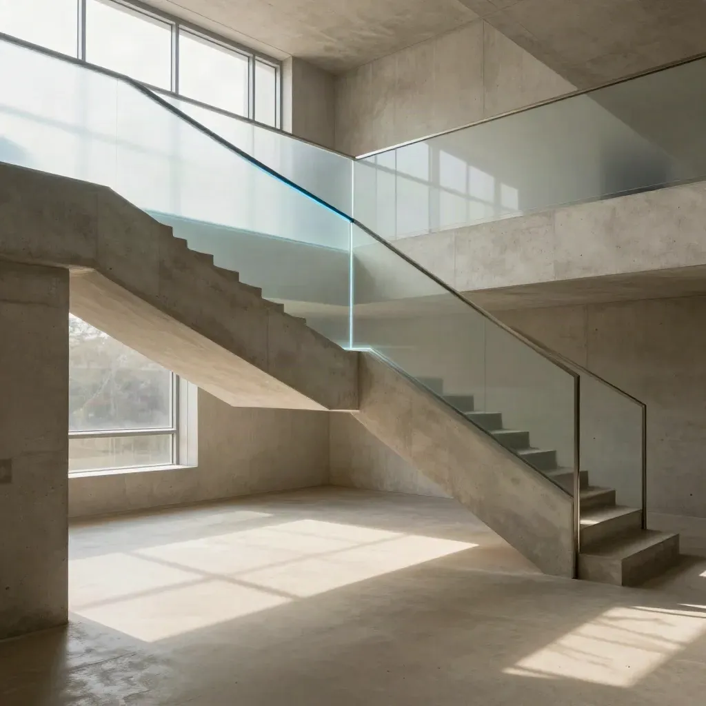 Sunlit concrete atrium with stair, frosted glass bands and calm floor space for copy.
