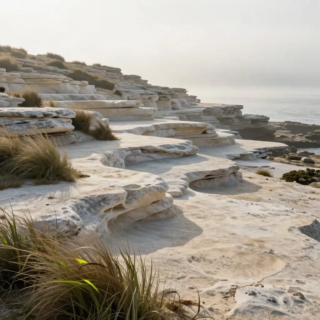 Mist-soft limestone coastal terrace with grasses and a distant sea horizon.