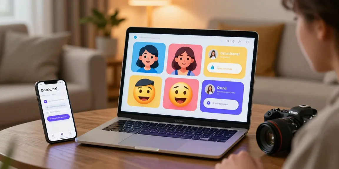Engaged user chatting with Crushonai AI in a cozy living room, showcasing colorful character graphics.