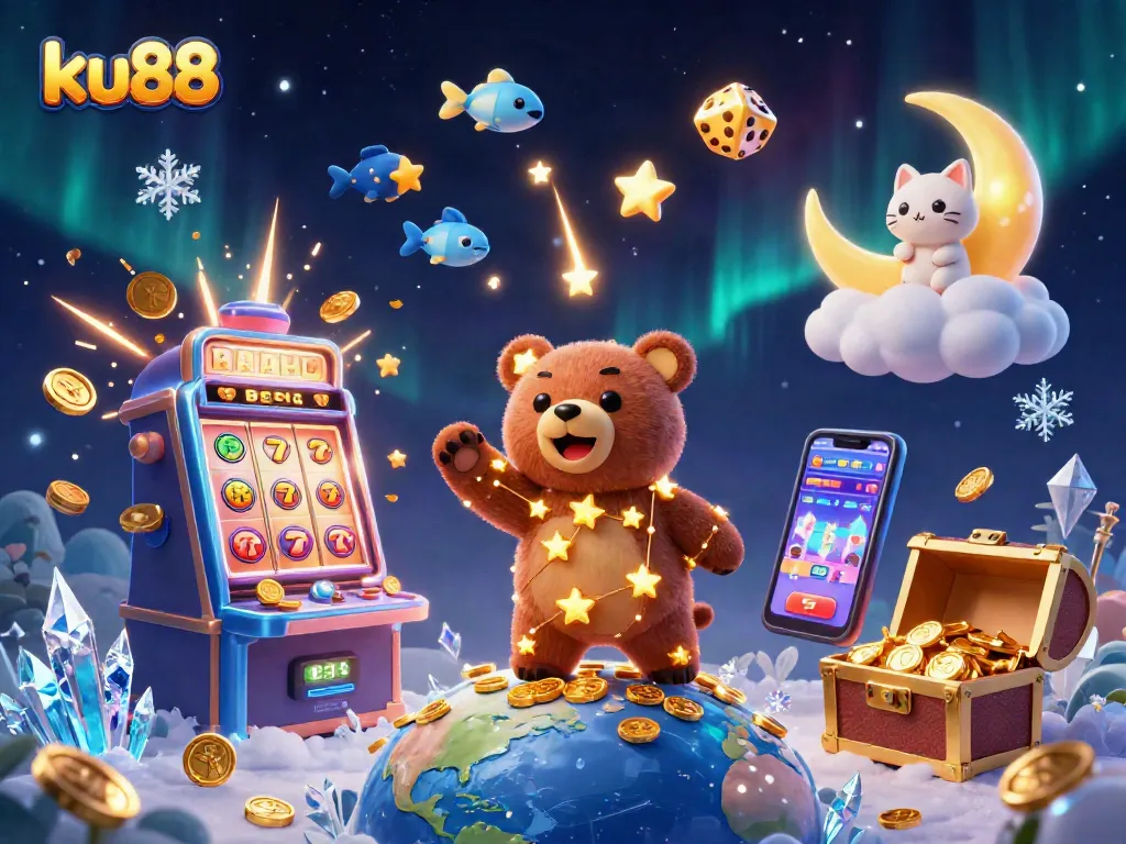 Experience the thrill of ku88 with a vibrant 3D casino scene filled with coins and jackpots.