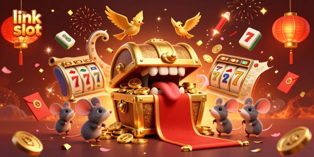 Experience excitement and wins with link slot amidst captivating casino elements and a festive ambiance.