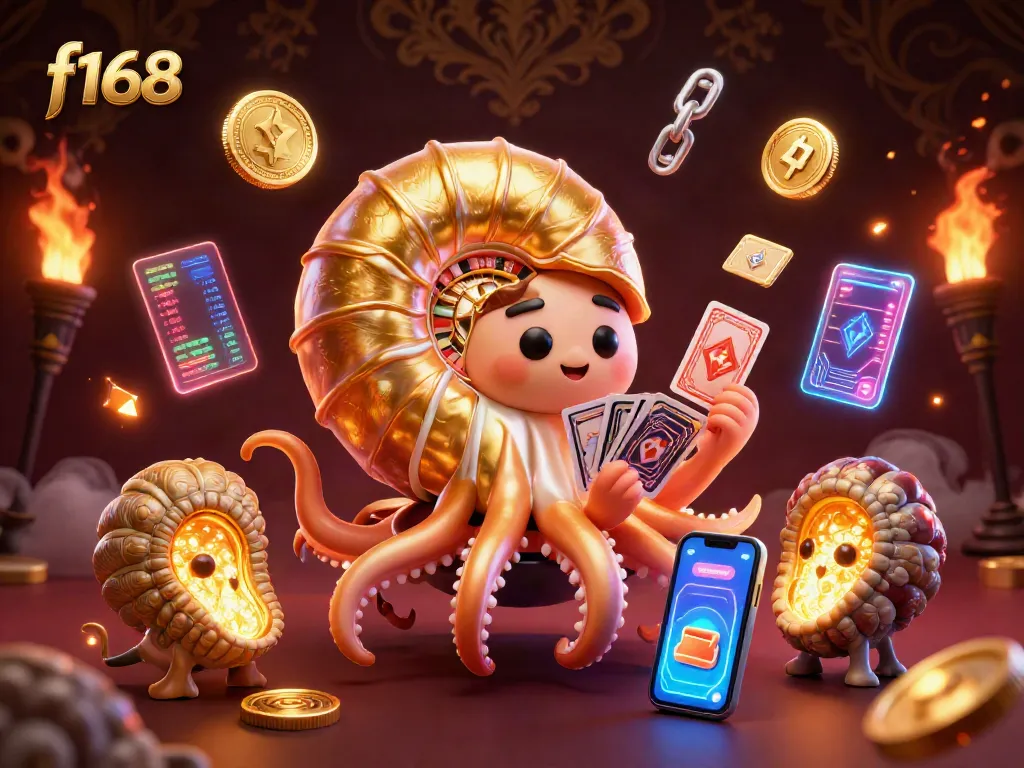 Engage with f168's vibrant casino world featuring a nautilus roulette wheel and rich cryptocurrency elements.