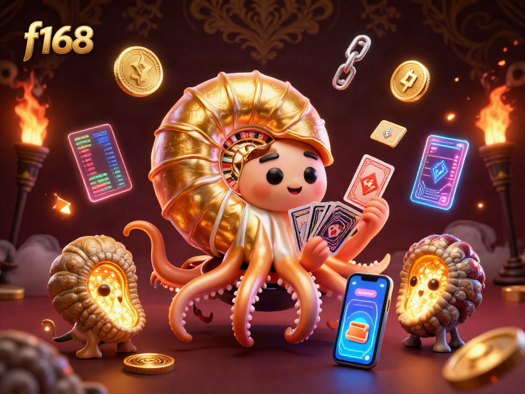 Engage with f168's vibrant casino world featuring a nautilus roulette wheel and rich cryptocurrency elements.