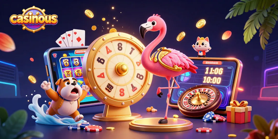 Get ready to spin and win at casinous with an exciting game show atmosphere highlighted by vibrant gambling elements.