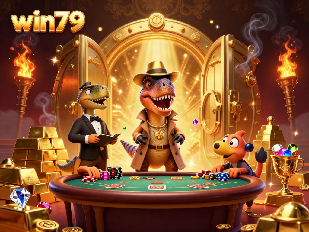 Win79's blackjack table scene featuring a stealthy velociraptor card counter amid treasures.