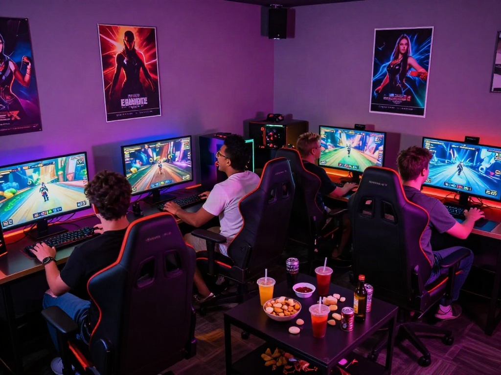 Friends enjoying sex games in a vibrant gaming lounge with colorful lights