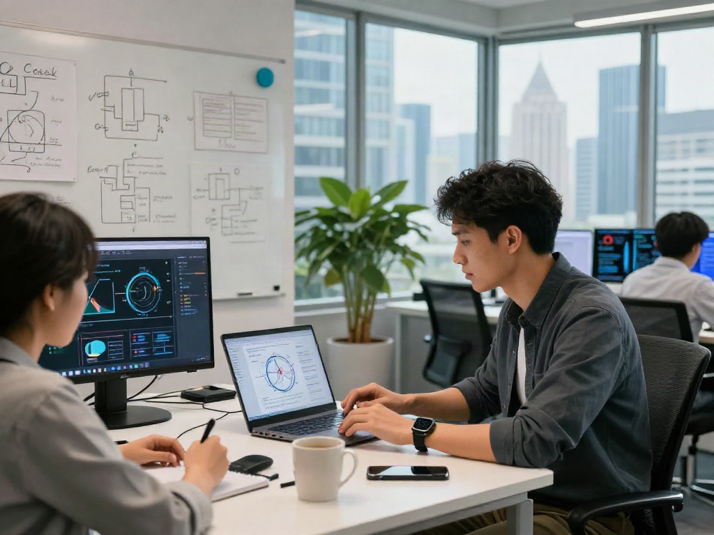 Tech professional collaborating on crush ai projects in a modern office, showcasing data analytics and machine learning.