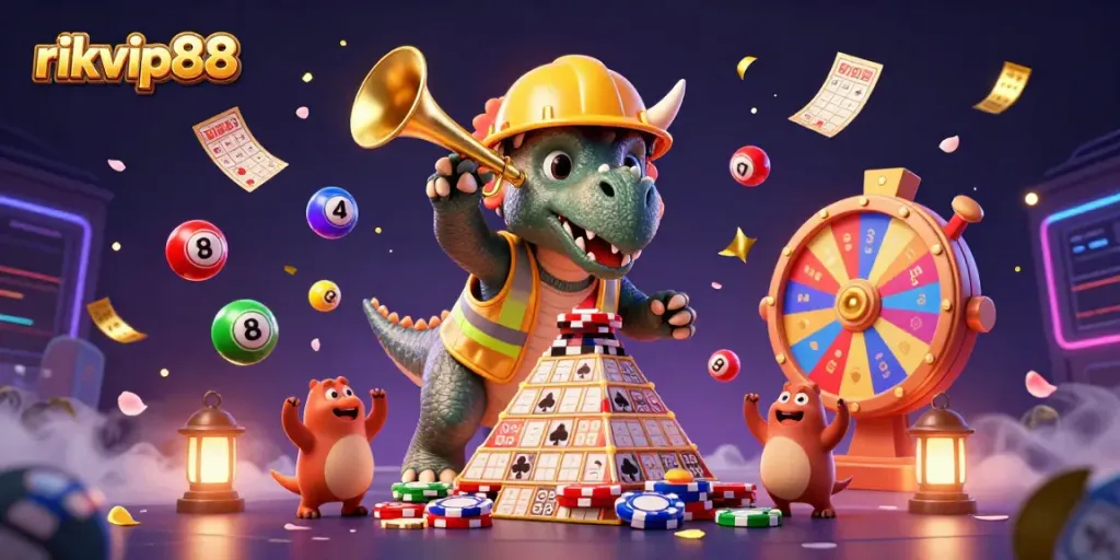 Experience the excitement of rikvip88 with animated characters and lottery elements celebrating a casino win.