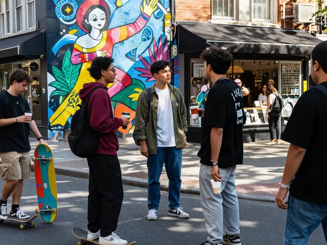 Youth enjoying urban culture while discussing trends related to rokok88, showcasing vibrant streetwear in a lively city setting.