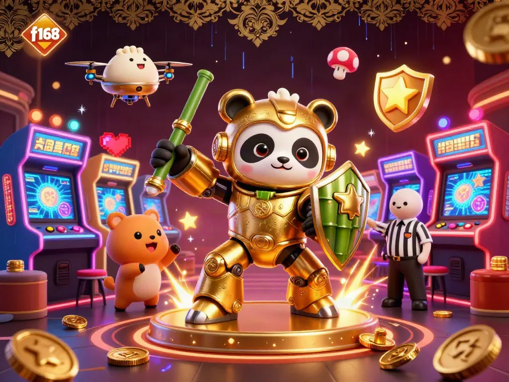 Engage in thrilling casino action with f168's dynamic gaming illustration featuring 3D characters and vibrant elements.