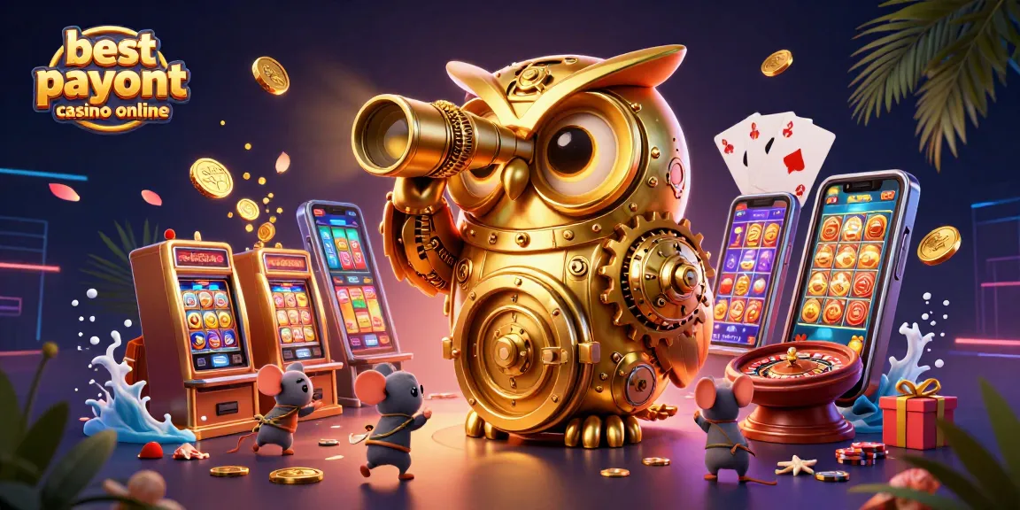 Experience the best payout casino online with vibrant slot machines, a golden owl, and engaging game elements.