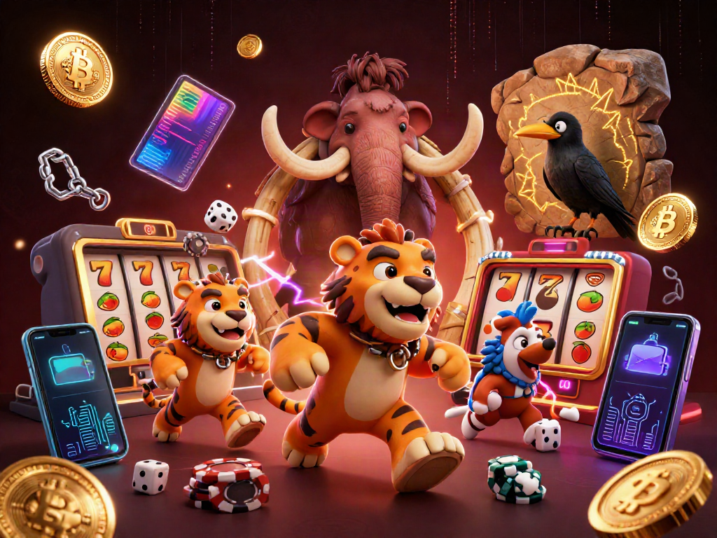 Experience the thrilling slot action with a hungry caveman and sabertooth duo in a vibrant prehistoric casino scene.